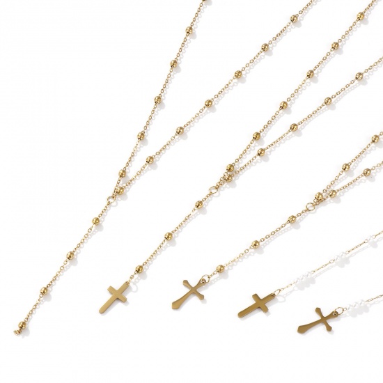 Picture of Eco-friendly PVD Vacuum Plating Exquisite Religious 18K Real Gold Plated 304 Stainless Steel Link Cable Chain Cross Prayer Beads Rosary Necklace Unisex Gift