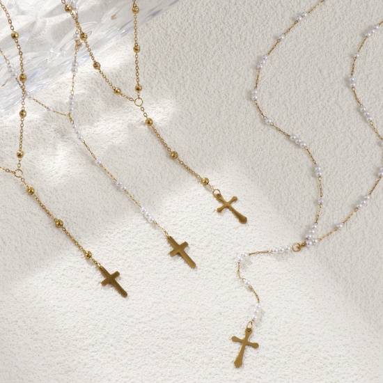 Picture of Eco-friendly PVD Vacuum Plating Exquisite Religious 18K Real Gold Plated 304 Stainless Steel Link Cable Chain Cross Prayer Beads Rosary Necklace Unisex Gift