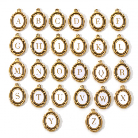 Eco-friendly PVD Vacuum Plating 304 Stainless Steel Charms 18K Gold Plated White Enamel Oval Capital Alphabet Initial Letter Message 