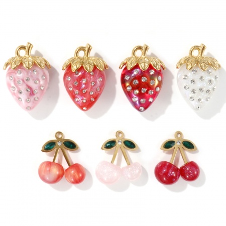 1 Pièce Breloques en 304 Acier Inoxydable & Résine Revêtement sous Vide PVD Respectueux de l'Environnement Plaqué Or Véritable 18K Multicolore Fruits à Strass Transparent