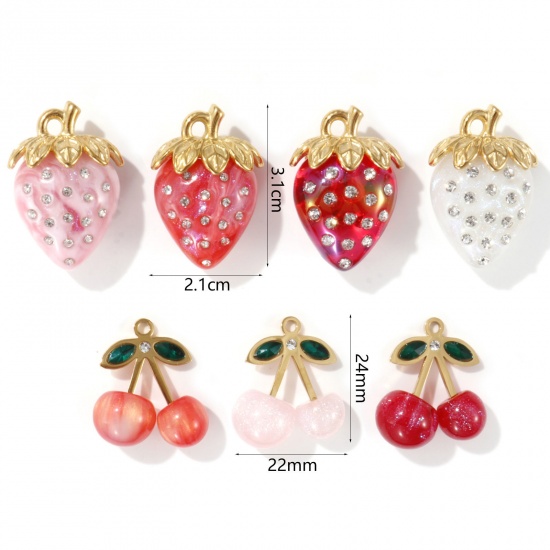 Picture of Eco-friendly PVD Vacuum Plating 304 Stainless Steel & Resin Charms 18K Real Gold Plated Multicolor Fruit Clear Rhinestone
