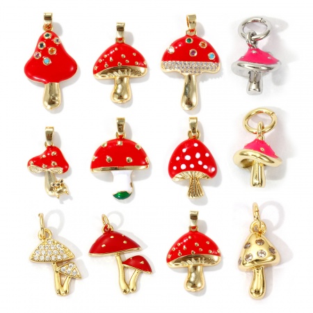 Eco-friendly Brass Charm Pendant 18K Real Gold Plated Red Mushroom Enamel