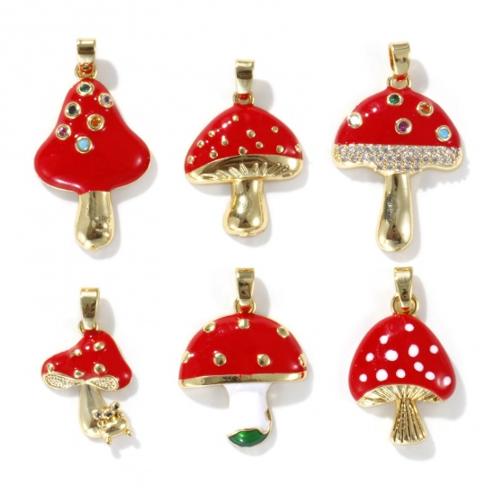 Picture of Eco-friendly Brass Charm Pendant 18K Real Gold Plated Red Mushroom Enamel