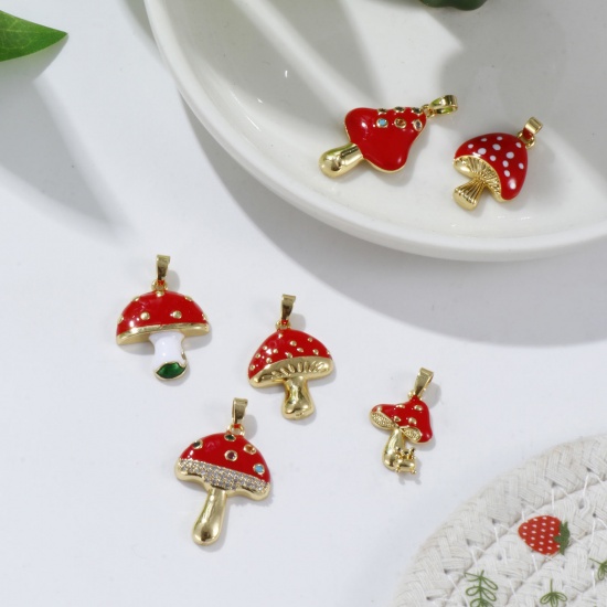 Picture of Eco-friendly Brass Charm Pendant 18K Real Gold Plated Red Mushroom Enamel