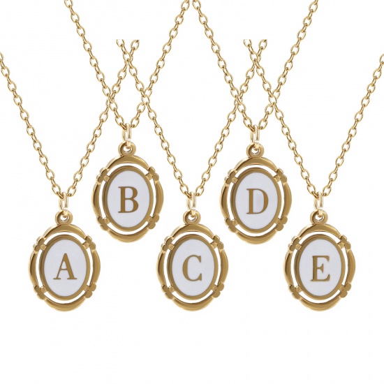 Bild von Umweltfreundliche PVD-Vakuumbeschichtung Stilvoll 18K Vergoldet Weiß 304 Edelstahl Kreuz Gliederketten Oval Anfangsbuchstabe/ Großbuchstabe Message " A-Z " Emaille Anhänger Halskette Unisex 45cm + 5cm lang