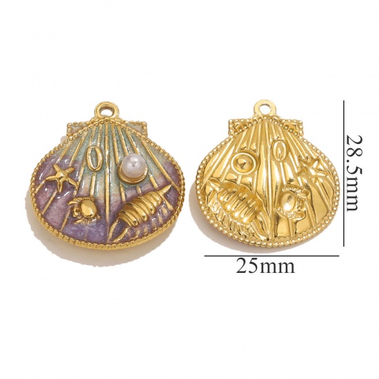 Imagen de 1 Unidad Recubrimiento al Vacío PVD Ecológico 304 Acero Inoxidable Joyería del océano Colgantes Chapado en Oro de 18K Multicolor Esmalte Concha caracola marina Imitación de perla 25mm x 28.5mm