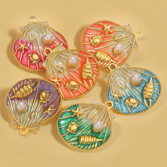Imagen de 1 Unidad Recubrimiento al Vacío PVD Ecológico 304 Acero Inoxidable Joyería del océano Colgantes Chapado en Oro de 18K Multicolor Esmalte Concha caracola marina Imitación de perla 25mm x 28.5mm