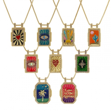 Eco-friendly Retro Ethnic 18K Real Gold Plated Multicolor Brass Link Cable Chain Rectangle Enamel Pendant Charm Necklace For Women Gift 45cm(17.7") + 5cm(2") long