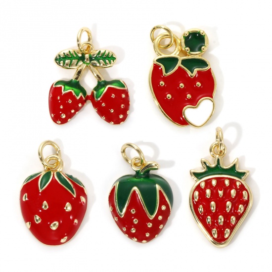Image de 2 Pcs Breloques Respectueux de la Nature en Laiton Plaqué Or Véritable 18K Rouge Émail Fraises