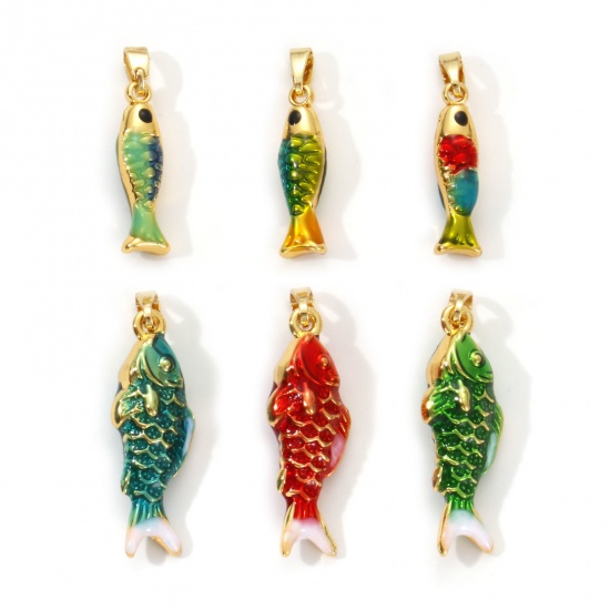 Image de 2 Pcs Breloques Bijoux d'Océan en Laiton Plaqué Or 18K Émail Poisson 3D