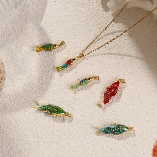 Image de 2 Pcs Breloques Bijoux d'Océan en Laiton Plaqué Or 18K Émail Poisson 3D