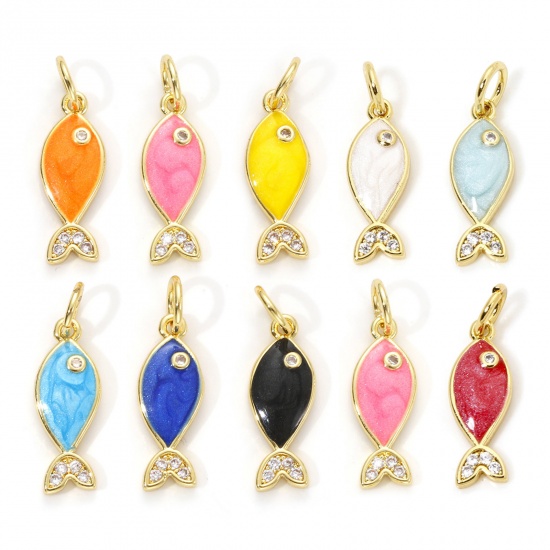 Imagen de 1 Unidad Respetuoso del Medio Ambiente Latón Joyería del océano Colgantes 18K Oro Real Chapado Esmalte Pez Perlado Claro Circón Artificial 19mm x 6mm