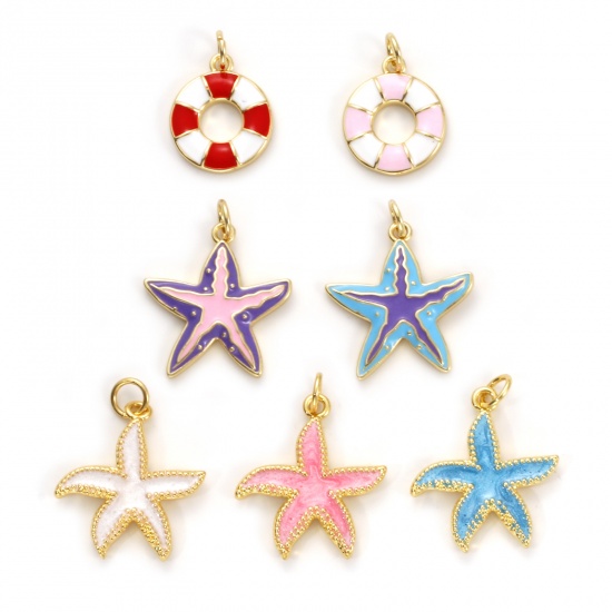 Bild von Umweltfreundlich Messing Ozean Schmuck Charms 18K Echtgold plattiert Bunt Emaille Rettungsring Seesterne