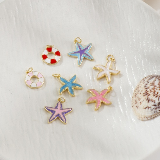 Bild von Umweltfreundlich Messing Ozean Schmuck Charms 18K Echtgold plattiert Bunt Emaille Rettungsring Seesterne
