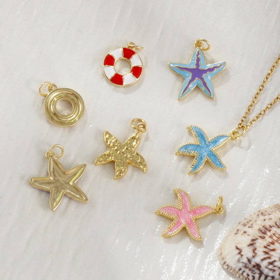 Bild von Umweltfreundlich Messing Ozean Schmuck Charms 18K Echtgold plattiert Bunt Emaille Rettungsring Seesterne