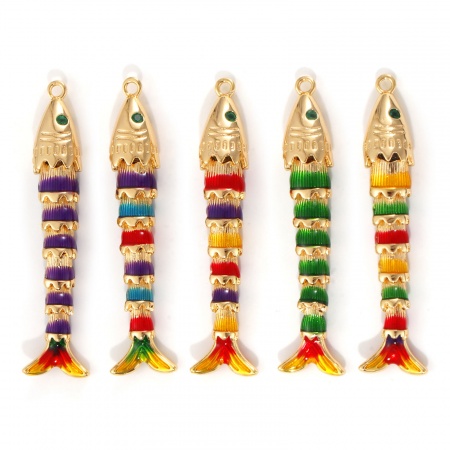 Eco-friendly Brass Ocean Jewelry Pendants 18K Real Gold Plated Multicolor Fish Animal Movable Green Cubic Zirconia Enamel 3D 47mm x 8mm
