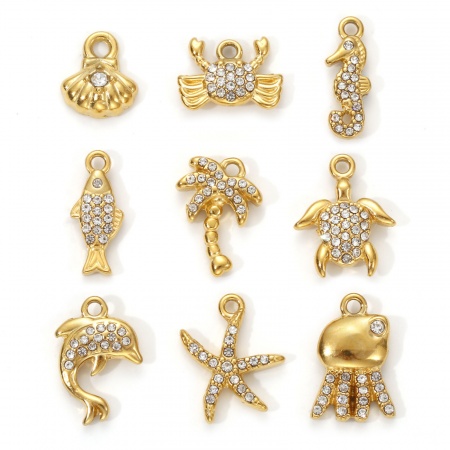 Eco-friendly PVD Vacuum Plating 304 Stainless Steel Charms 18K Real Gold Plated Micro Pave Clear Cubic Zirconia