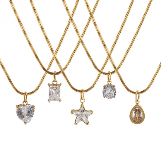 1 Piece Eco-friendly PVD Vacuum Plating Stylish Geometric 18K Real Gold Plated 304 Stainless Steel & Cubic Zirconia Snake Chain Pendant Charm Necklace For Women Gift 45cm(17.7") long の画像