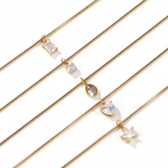 1 Piece Eco-friendly PVD Vacuum Plating Stylish Geometric 18K Real Gold Plated 304 Stainless Steel & Cubic Zirconia Snake Chain Pendant Charm Necklace For Women Gift 45cm(17.7") long の画像