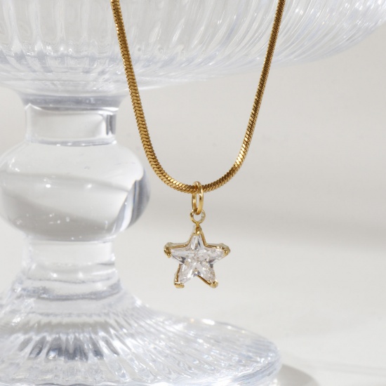 1 Piece Eco-friendly PVD Vacuum Plating Stylish Geometric 18K Real Gold Plated 304 Stainless Steel & Cubic Zirconia Snake Chain Pendant Charm Necklace For Women Gift 45cm(17.7") long の画像