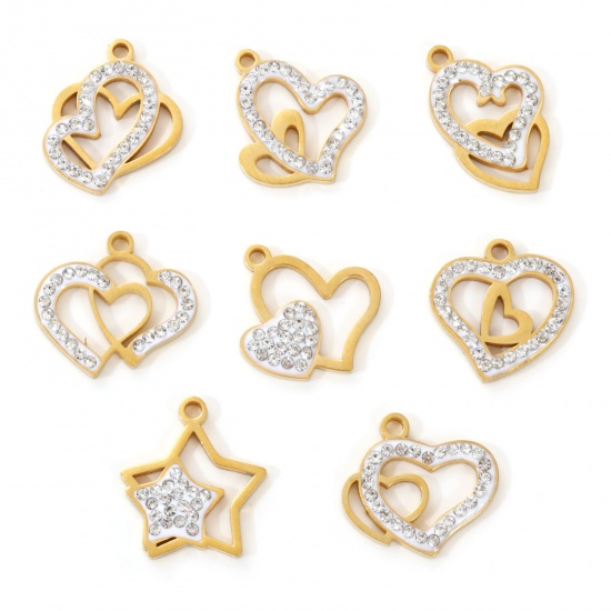 Immagine di 2 Pz Placcatura Sottovuoto PVD Ecologica 304 Acciaio Inossidabile San Valentino Ciondoli 18K Vero Oro Placcato Bianco Smalto Cuore Micro Spianare Trasparente Strass