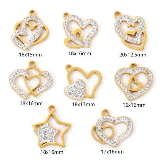 Immagine di 2 Pz Placcatura Sottovuoto PVD Ecologica 304 Acciaio Inossidabile San Valentino Ciondoli 18K Vero Oro Placcato Bianco Smalto Cuore Micro Spianare Trasparente Strass
