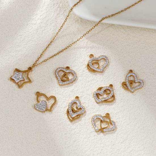 Immagine di 2 Pz Placcatura Sottovuoto PVD Ecologica 304 Acciaio Inossidabile San Valentino Ciondoli 18K Vero Oro Placcato Bianco Smalto Cuore Micro Spianare Trasparente Strass