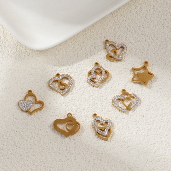 Immagine di 2 Pz Placcatura Sottovuoto PVD Ecologica 304 Acciaio Inossidabile San Valentino Ciondoli 18K Vero Oro Placcato Bianco Smalto Cuore Micro Spianare Trasparente Strass