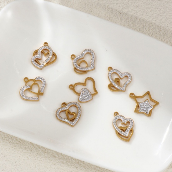 Immagine di 2 Pz Placcatura Sottovuoto PVD Ecologica 304 Acciaio Inossidabile San Valentino Ciondoli 18K Vero Oro Placcato Bianco Smalto Cuore Micro Spianare Trasparente Strass