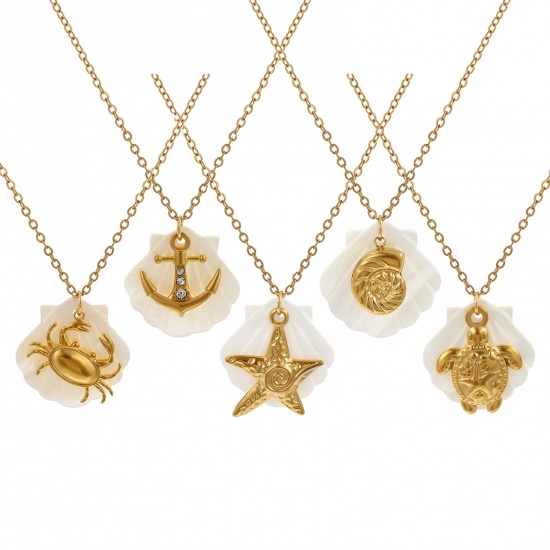 Immagine di 18K Vero Oro Placcato Catena a Cavo Collana con Ciondolo, 304 Acciaio Inossidabile & Conchiglie Naturali 45cm + 5cm, Per Donne, Squisito Gioielli Oceanici Regalo, Placcatura Sottovuoto PVD Ecologica, 1 Pz