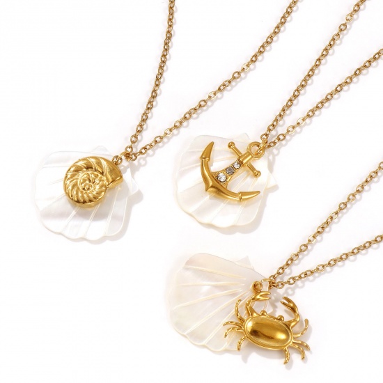 Immagine di 18K Vero Oro Placcato Catena a Cavo Collana con Ciondolo, 304 Acciaio Inossidabile & Conchiglie Naturali 45cm + 5cm, Per Donne, Squisito Gioielli Oceanici Regalo, Placcatura Sottovuoto PVD Ecologica, 1 Pz