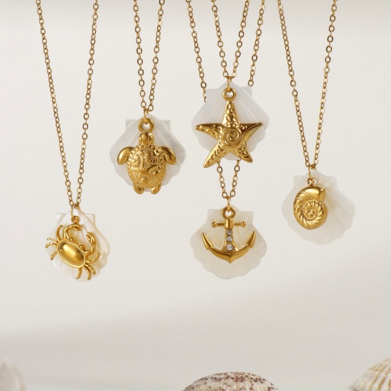Immagine di 18K Vero Oro Placcato Catena a Cavo Collana con Ciondolo, 304 Acciaio Inossidabile & Conchiglie Naturali 45cm + 5cm, Per Donne, Squisito Gioielli Oceanici Regalo, Placcatura Sottovuoto PVD Ecologica, 1 Pz