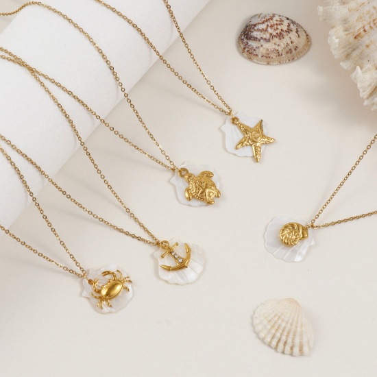 Immagine di 18K Vero Oro Placcato Catena a Cavo Collana con Ciondolo, 304 Acciaio Inossidabile & Conchiglie Naturali 45cm + 5cm, Per Donne, Squisito Gioielli Oceanici Regalo, Placcatura Sottovuoto PVD Ecologica, 1 Pz