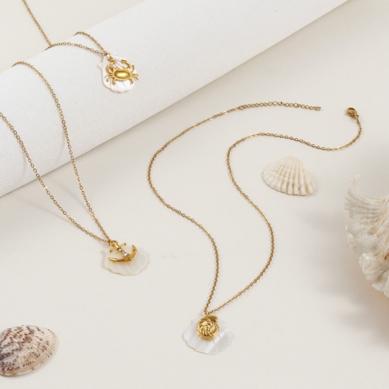 Immagine di 18K Vero Oro Placcato Catena a Cavo Collana con Ciondolo, 304 Acciaio Inossidabile & Conchiglie Naturali 45cm + 5cm, Per Donne, Squisito Gioielli Oceanici Regalo, Placcatura Sottovuoto PVD Ecologica, 1 Pz