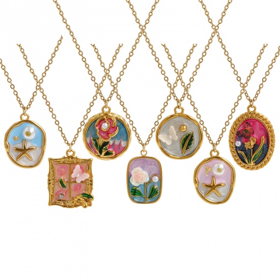 Picture of 18K Real Gold Plated Link Cable Chain Pendant Charm Necklace 304 Stainless Steel 45cm(17.7") + 5cm(2"), For Women, Multicolor Enamel Retro Oil Painting Style Gift, Eco-friendly PVD Vacuum Plating, 1 Piece