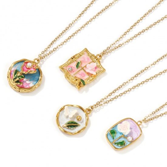 Picture of 18K Real Gold Plated Link Cable Chain Pendant Charm Necklace 304 Stainless Steel 45cm(17.7") + 5cm(2"), For Women, Multicolor Enamel Retro Oil Painting Style Gift, Eco-friendly PVD Vacuum Plating, 1 Piece