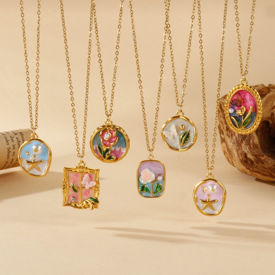 Picture of 18K Real Gold Plated Link Cable Chain Pendant Charm Necklace 304 Stainless Steel 45cm(17.7") + 5cm(2"), For Women, Multicolor Enamel Retro Oil Painting Style Gift, Eco-friendly PVD Vacuum Plating, 1 Piece