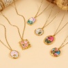 Picture of 18K Real Gold Plated Link Cable Chain Pendant Charm Necklace, 304 Stainless Steel 45cm(17.7") + 5cm(2"), For Women, Multicolor Enamel Retro Oil Painting Style Gift, Eco-friendly PVD Vacuum Plating