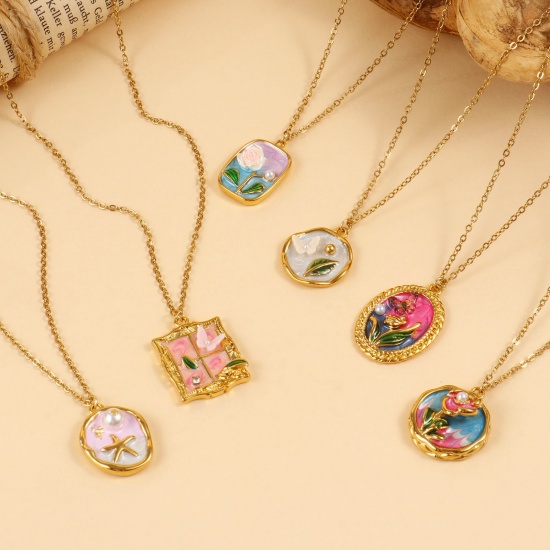 Picture of 18K Real Gold Plated Link Cable Chain Pendant Charm Necklace 304 Stainless Steel 45cm(17.7") + 5cm(2"), For Women, Multicolor Enamel Retro Oil Painting Style Gift, Eco-friendly PVD Vacuum Plating, 1 Piece