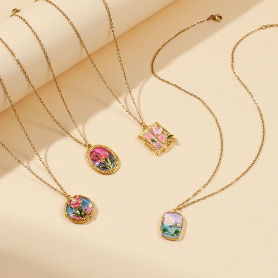 Picture of 18K Real Gold Plated Link Cable Chain Pendant Charm Necklace 304 Stainless Steel 45cm(17.7") + 5cm(2"), For Women, Multicolor Enamel Retro Oil Painting Style Gift, Eco-friendly PVD Vacuum Plating, 1 Piece