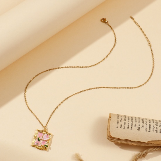 Picture of 18K Real Gold Plated Link Cable Chain Pendant Charm Necklace 304 Stainless Steel 45cm(17.7") + 5cm(2"), For Women, Multicolor Enamel Retro Oil Painting Style Gift, Eco-friendly PVD Vacuum Plating, 1 Piece