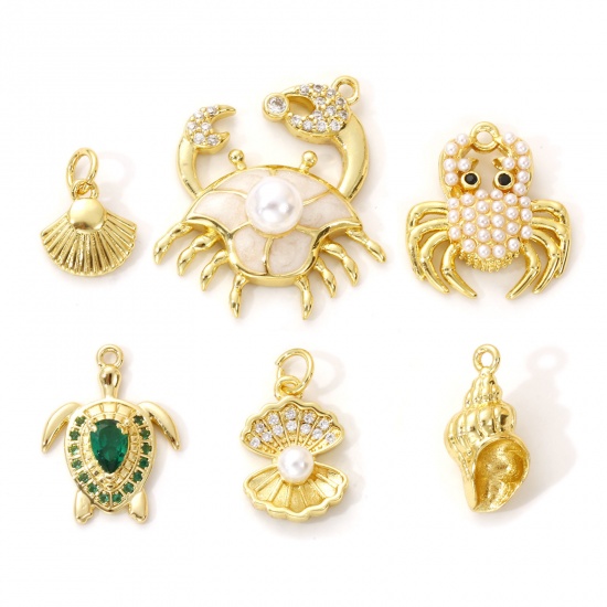 Immagine di 2 Pz Ottone Gioielli Oceanici Ciondoli Placcato Oro 18K Conchiglia Animali Marini Perla Imitato Acrilico