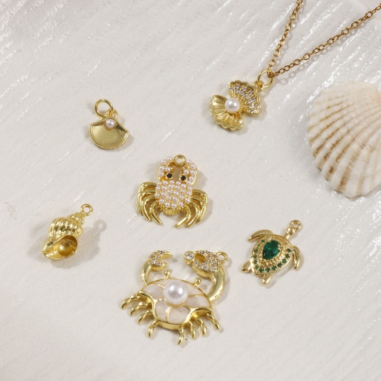 Immagine di 2 Pz Ottone Gioielli Oceanici Ciondoli Placcato Oro 18K Conchiglia Animali Marini Perla Imitato Acrilico