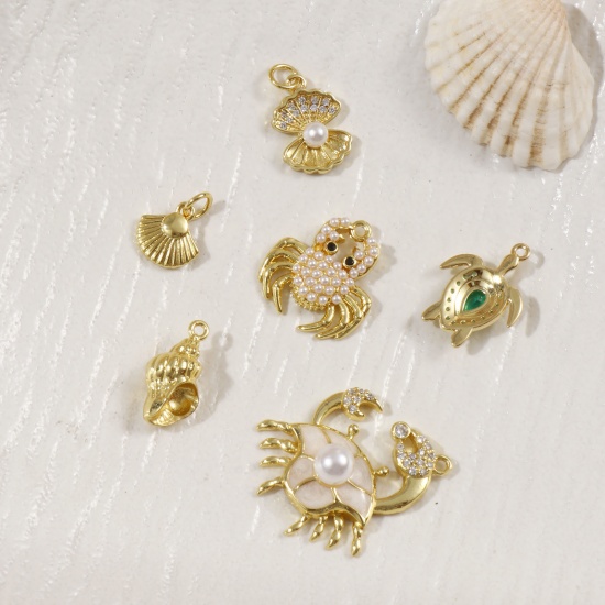 Immagine di 2 Pz Ottone Gioielli Oceanici Ciondoli Placcato Oro 18K Conchiglia Animali Marini Perla Imitato Acrilico