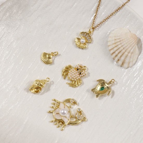 Immagine di 2 Pz Ottone Gioielli Oceanici Ciondoli Placcato Oro 18K Conchiglia Animali Marini Perla Imitato Acrilico