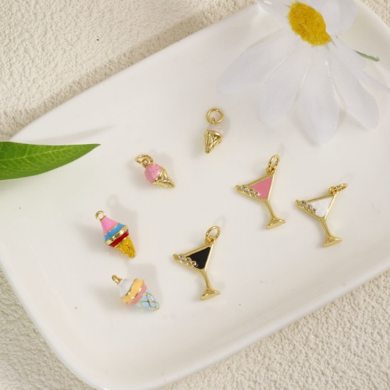 Immagine di 2 Pz Ottone Ciondoli Placcato Oro 18K Multicolore Smalto Bicchiere da vino Gelatto