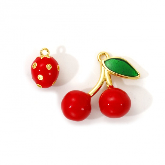 Immagine di 2 Pz Ottone Ciondoli Placcato Oro 18K Rosso Smalto Frutta