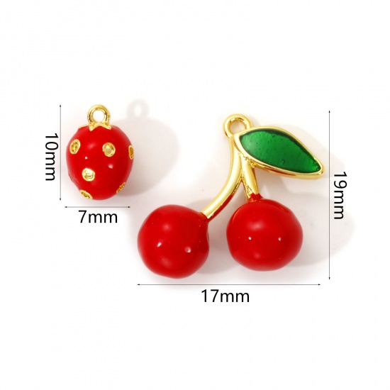 Immagine di 2 Pz Ottone Ciondoli Placcato Oro 18K Rosso Smalto Frutta