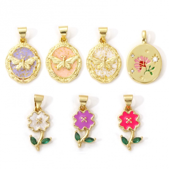 Imagen de 2 Unidades Latón Colgantes Chapado en Oro de 18K Multicolor Esmalte Flor Mariposa