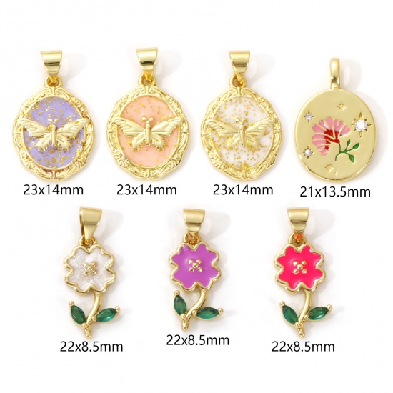 Imagen de 2 Unidades Latón Colgantes Chapado en Oro de 18K Multicolor Esmalte Flor Mariposa